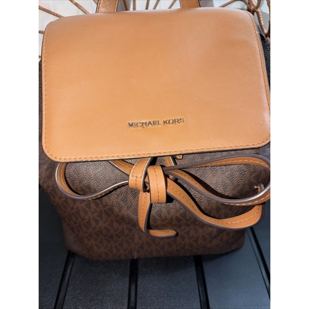 Preloved Michael Kors Junie Leather Medium Backpack Tan Brown Monogram SEE PICS‎